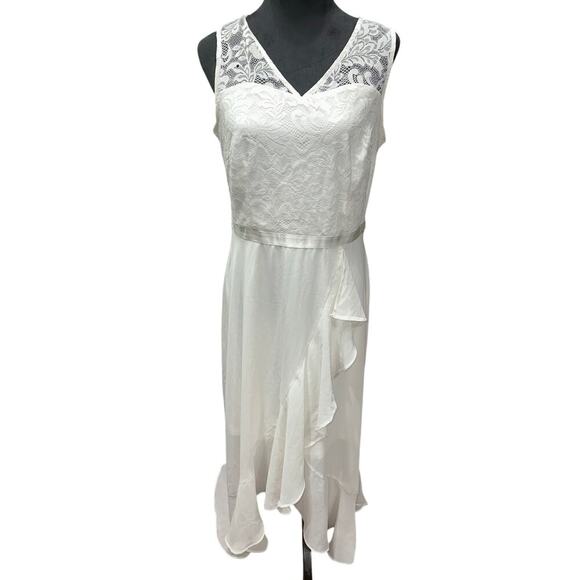 Women’s Floral Lace Dress Elegant V Neck Ruffle zip back White XL  Beach wedding - Picture 1 of 13